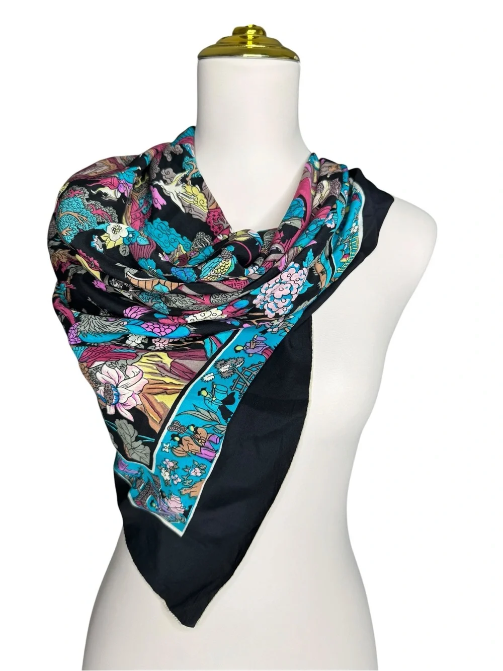 Vintage Hand Rolled Silk Chinoiserie Style Luxury Square Scarf Asian Motif